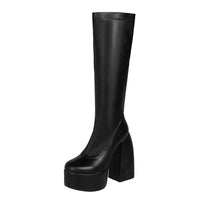 Bottes femmes noires à talons épais – Bottes hautes élastiques style punk avec plateforme chunky, parfaites pour l’automne/hiver et les soirées