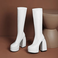 Bottes femmes noires à talons épais – Bottes hautes élastiques style punk avec plateforme chunky, parfaites pour l’automne/hiver et les soirées