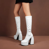 Bottes femmes noires à talons épais – Bottes hautes élastiques style punk avec plateforme chunky, parfaites pour l’automne/hiver et les soirées