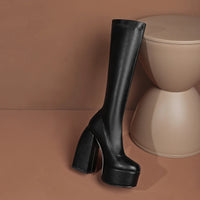 Bottes femmes noires à talons épais – Bottes hautes élastiques style punk avec plateforme chunky, parfaites pour l’automne/hiver et les soirées