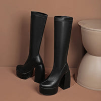 Bottes femmes noires à talons épais – Bottes hautes élastiques style punk avec plateforme chunky, parfaites pour l’automne/hiver et les soirées