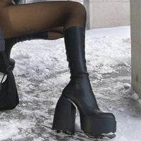 Bottes femmes noires à talons épais – Bottes hautes élastiques style punk avec plateforme chunky, parfaites pour l’automne/hiver et les soirées