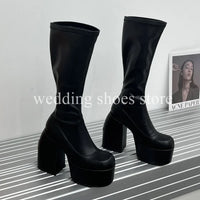 Bottes Femme Plateforme Hautes 16 cm – Modèle Stretch Imperméable Sexy Catwalk | Bottes Genou PU Sheepskin