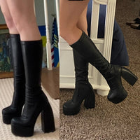 Bottes femmes noires à talons épais – Bottes hautes élastiques style punk avec plateforme chunky, parfaites pour l’automne/hiver et les soirées
