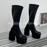 Bottes Femme Plateforme Hautes 16 cm – Modèle Stretch Imperméable Sexy Catwalk | Bottes Genou PU Sheepskin