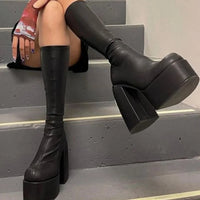 WAJAPAGG Allure 1082 – Bottes Genou Sexy à Talon Carré et Plateforme