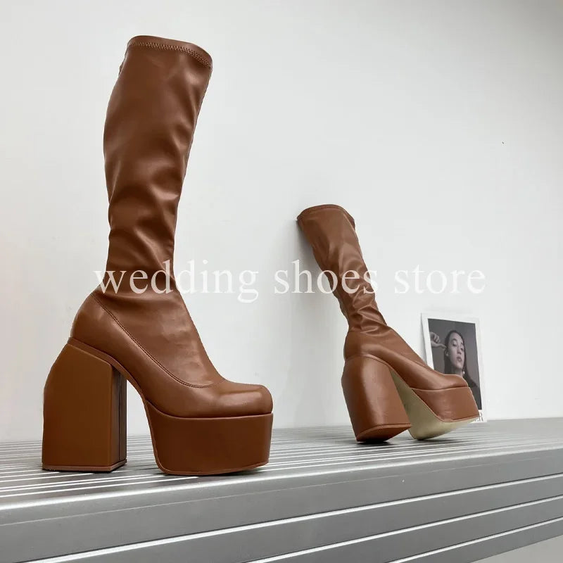 Bottes Femme Plateforme Hautes 16 cm – Modèle Stretch Imperméable Sexy Catwalk | Bottes Genou PU Sheepskin