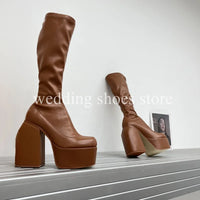 Bottes Femme Plateforme Hautes 16 cm – Modèle Stretch Imperméable Sexy Catwalk | Bottes Genou PU Sheepskin