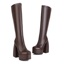 Bottes femmes noires à talons épais – Bottes hautes élastiques style punk avec plateforme chunky, parfaites pour l’automne/hiver et les soirées
