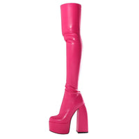 Cuissardes Femme Sexy 2025 – Talon Carré Haut, Plateforme, Bout Rond, Strass Papillon | Bottes au-dessus du genou à fermeture zip