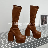Bottes Femme Plateforme Hautes 16 cm – Modèle Stretch Imperméable Sexy Catwalk | Bottes Genou PU Sheepskin