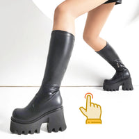 Bottes femmes noires à talons épais – Bottes hautes élastiques style punk avec plateforme chunky, parfaites pour l’automne/hiver et les soirées
