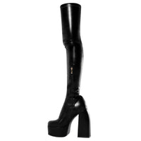 Cuissardes Femme Sexy 2025 – Talon Carré Haut, Plateforme, Bout Rond, Strass Papillon | Bottes au-dessus du genou à fermeture zip