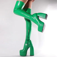 Cuissardes Femme Sexy 2025 – Talon Carré Haut, Plateforme, Bout Rond, Strass Papillon | Bottes au-dessus du genou à fermeture zip