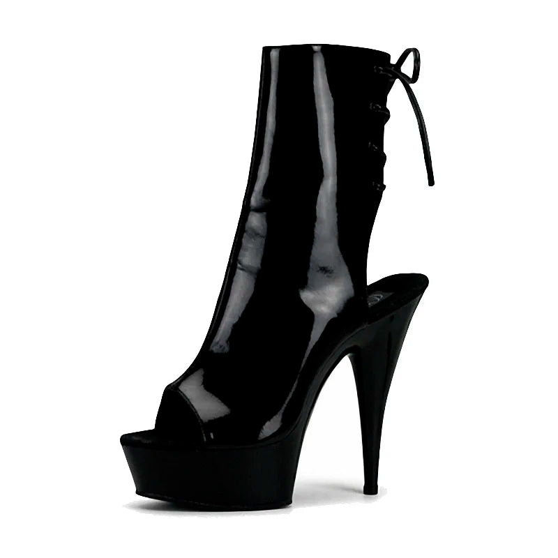 Chaussures été femme – Talon 15 cm, bout ouvert, lacets et design coloré