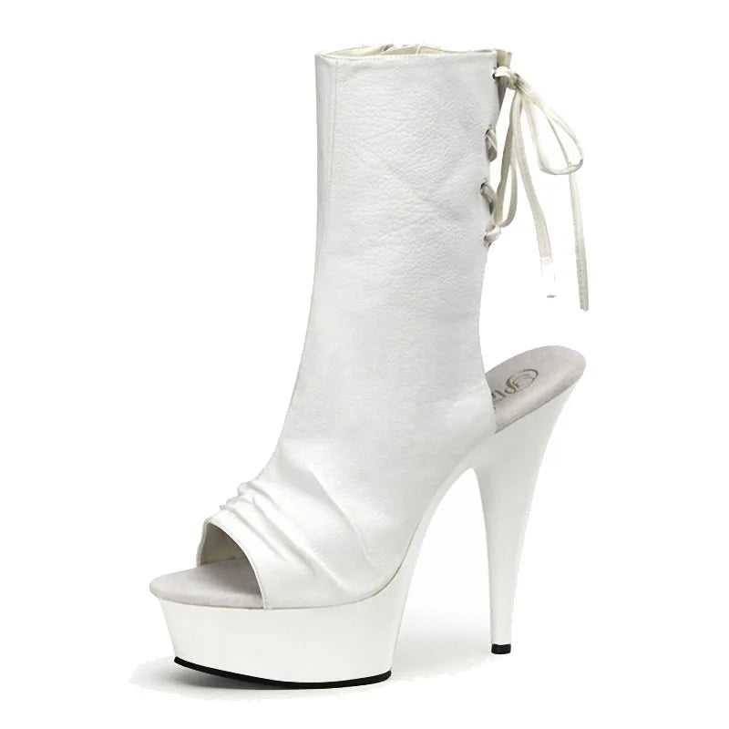 Chaussures été femme – Talon 15 cm, bout ouvert, lacets et design coloré