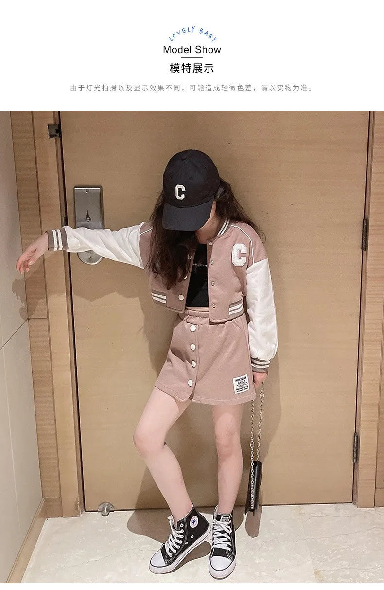 Girls' 2-Piece Set – Baseball Jacket + Slim Skirt | Printed Chic Sport Outfit – 3 to 14 Years