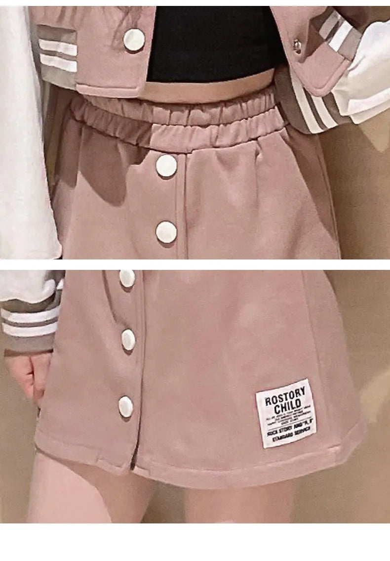 Girls' 2-Piece Set – Baseball Jacket + Slim Skirt | Printed Chic Sport Outfit – 3 to 14 Years