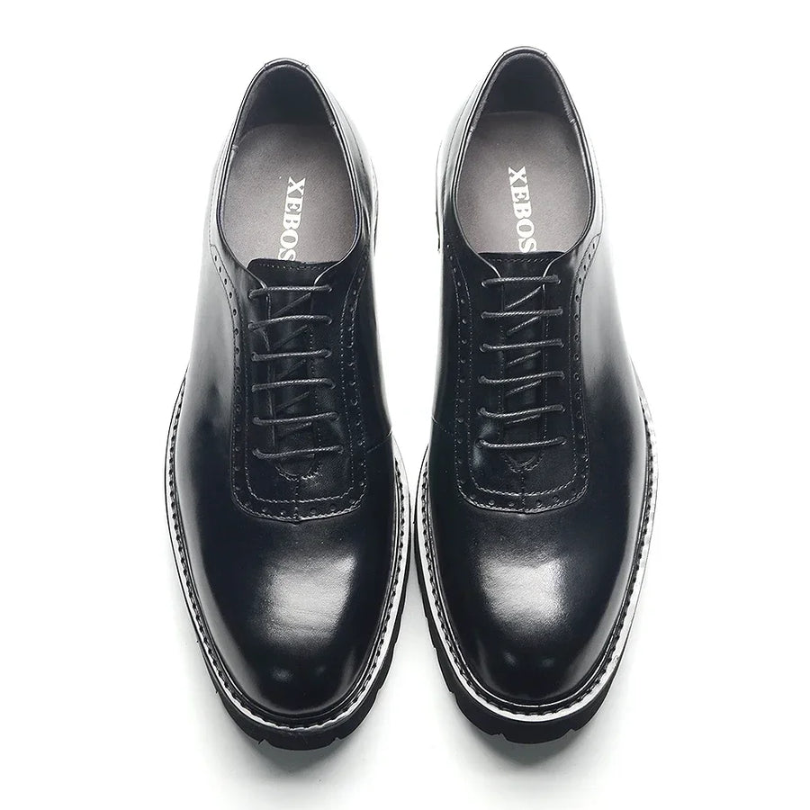 Men's Elegant Genuine Leather Oxford Shoes - Elevator Heel, Round Toe, Office & Casual Style