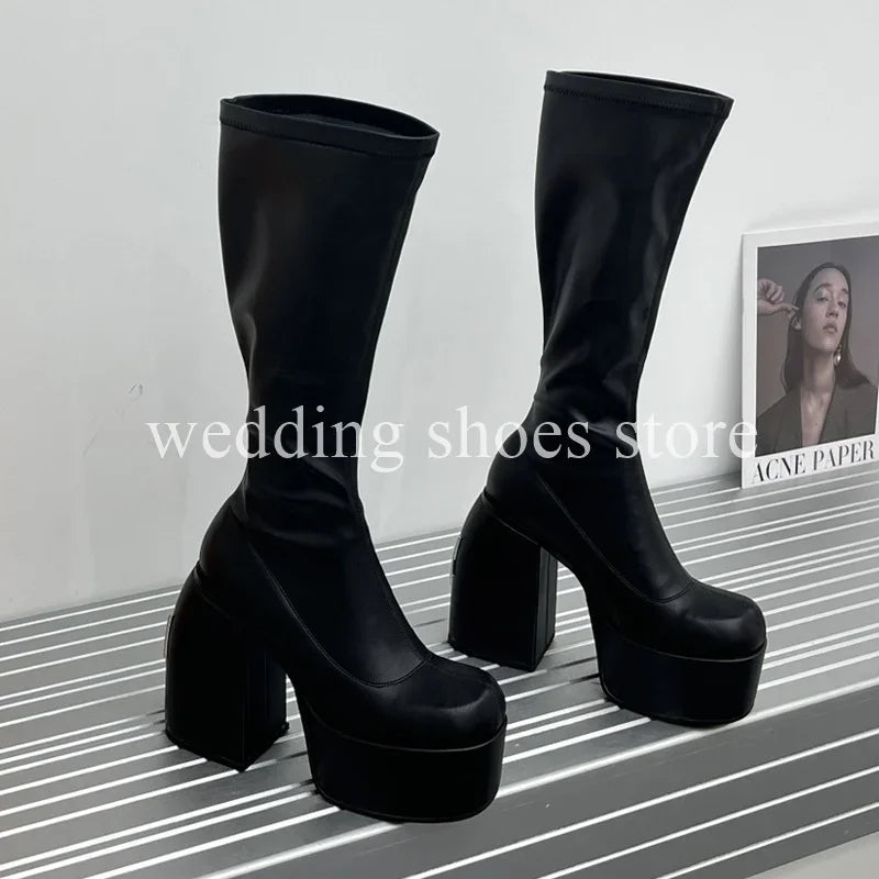 Bottes Femme Plateforme Hautes 16 cm – Modèle Stretch Imperméable Sexy Catwalk | Bottes Genou PU Sheepskin