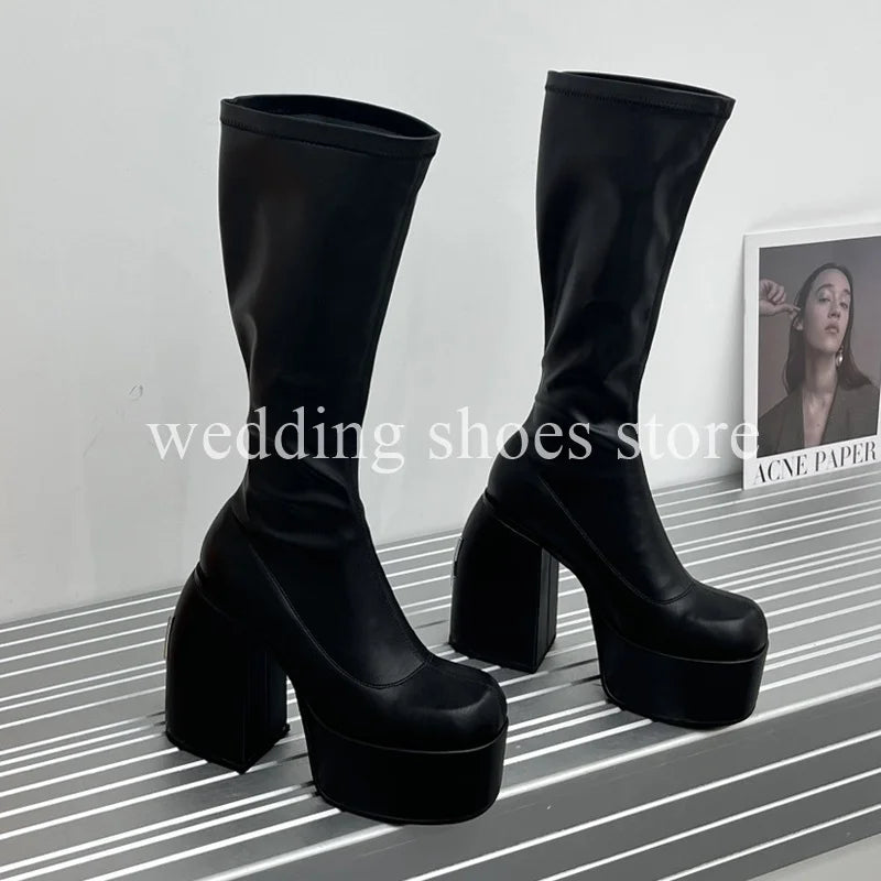 Bottes Femme Plateforme Hautes 16 cm – Modèle Stretch Imperméable Sexy Catwalk | Bottes Genou PU Sheepskin