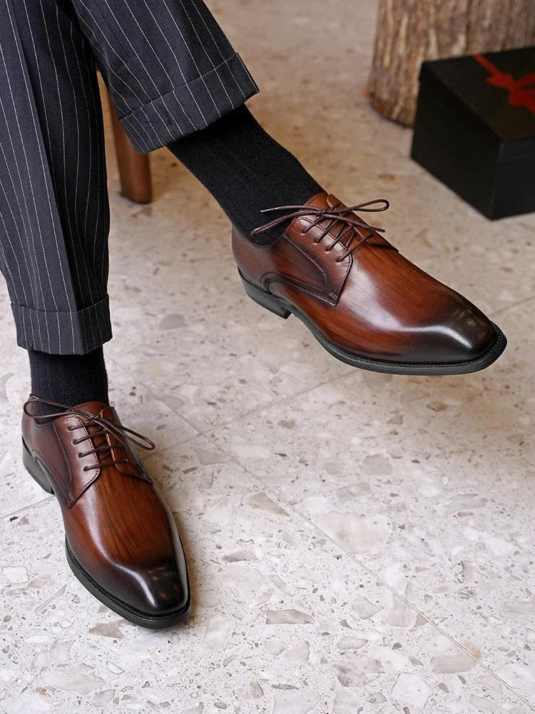 Italian Men's Dress Shoes - Luxury Genuine Leather Handmade Square Toe Lace Up Business & Evening Shoes