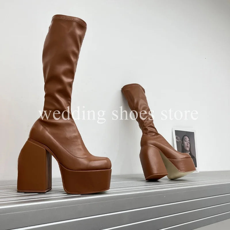 Bottes Femme Plateforme Hautes 16 cm – Modèle Stretch Imperméable Sexy Catwalk | Bottes Genou PU Sheepskin
