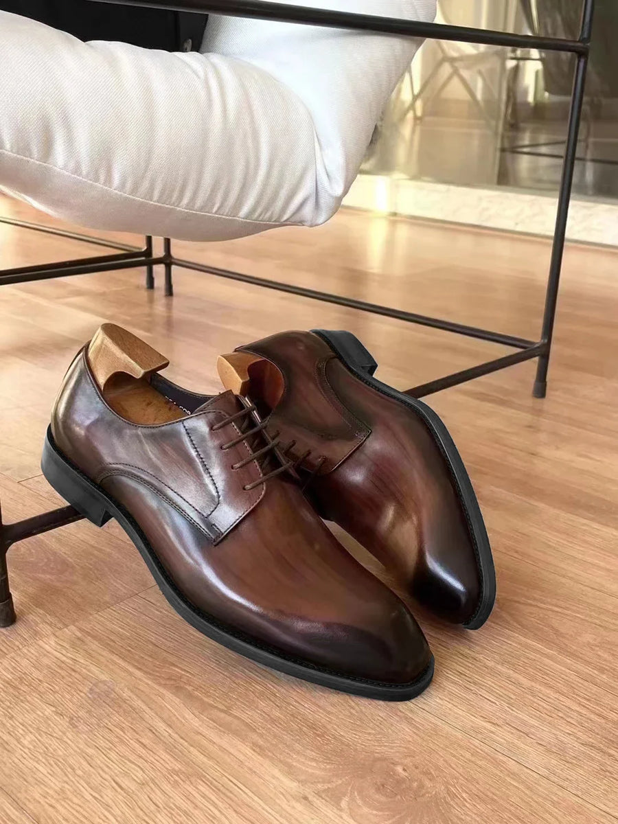 Italian Men's Dress Shoes - Luxury Genuine Leather Handmade Square Toe Lace Up Business & Evening Shoes