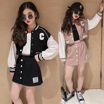 Girls' 2-Piece Set – Baseball Jacket + Slim Skirt | Printed Chic Sport Outfit – 3 to 14 Years
