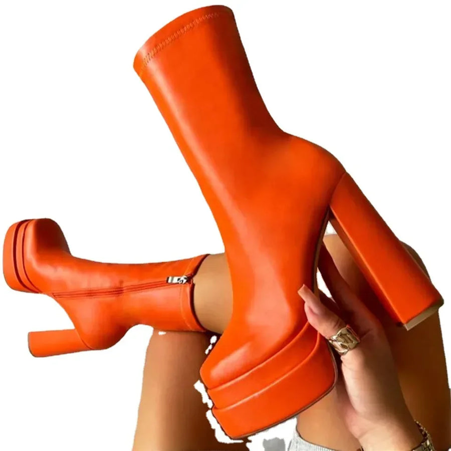 Bottes Femme à Plateforme 2023 – Talons Hauts Épais 8cm+ en Similicuir PU | Bottines Sexy Style Chelsea YBQJOO
