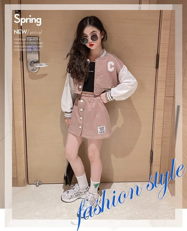 Girls' 2-Piece Set – Baseball Jacket + Slim Skirt | Printed Chic Sport Outfit – 3 to 14 Years