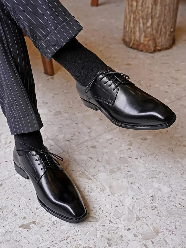 Italian Men's Dress Shoes - Luxury Genuine Leather Handmade Square Toe Lace Up Business & Evening Shoes