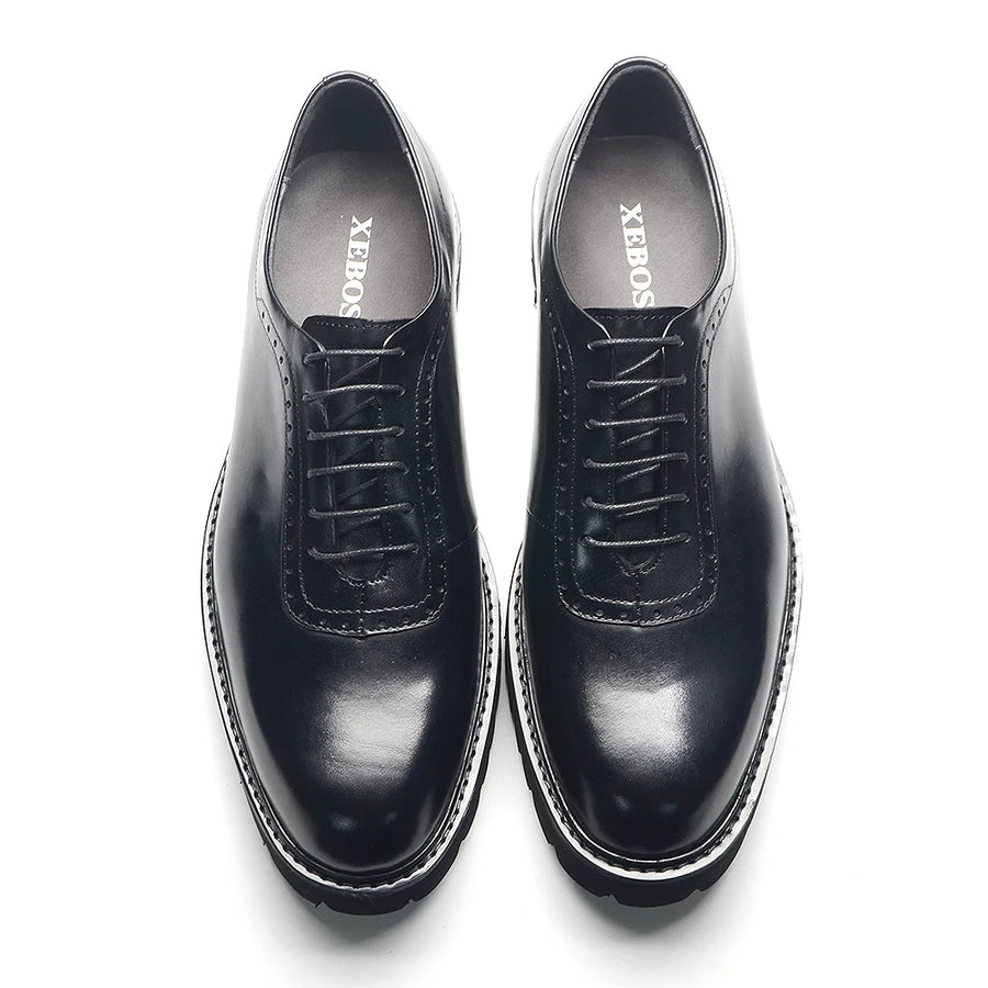 Men's Elegant Genuine Leather Oxford Shoes - Elevator Heel, Round Toe, Office & Casual Style