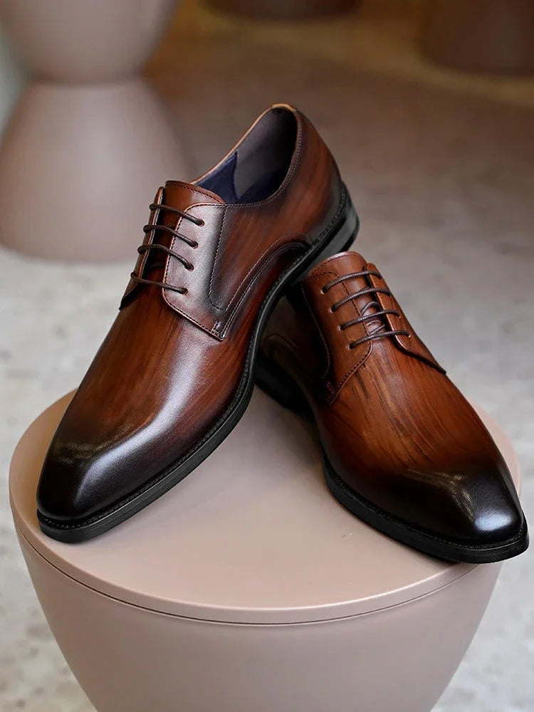 Italian Men's Dress Shoes - Luxury Genuine Leather Handmade Square Toe Lace Up Business & Evening Shoes