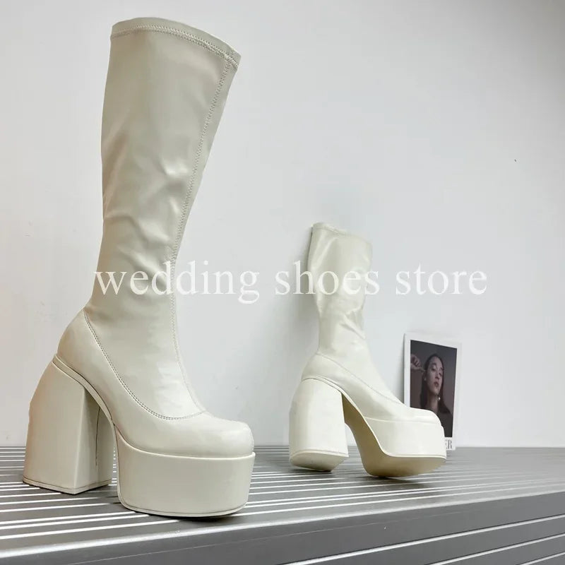 Bottes Femme Plateforme Hautes 16 cm – Modèle Stretch Imperméable Sexy Catwalk | Bottes Genou PU Sheepskin