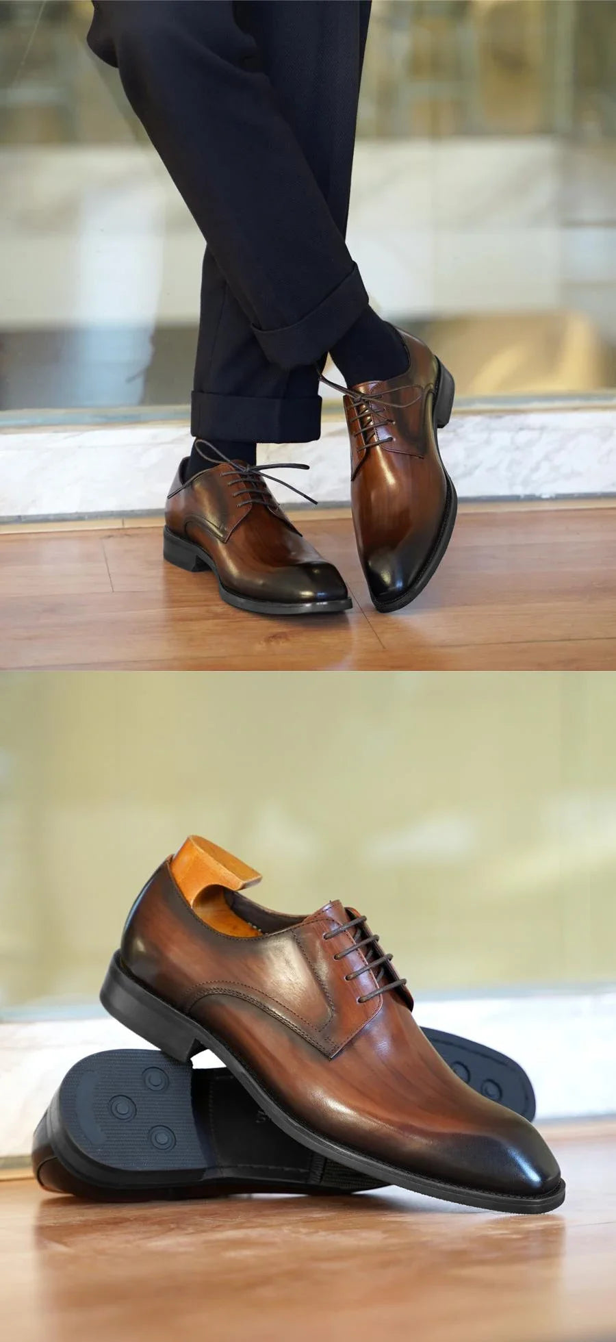 Italian Men's Dress Shoes - Luxury Genuine Leather Handmade Square Toe Lace Up Business & Evening Shoes