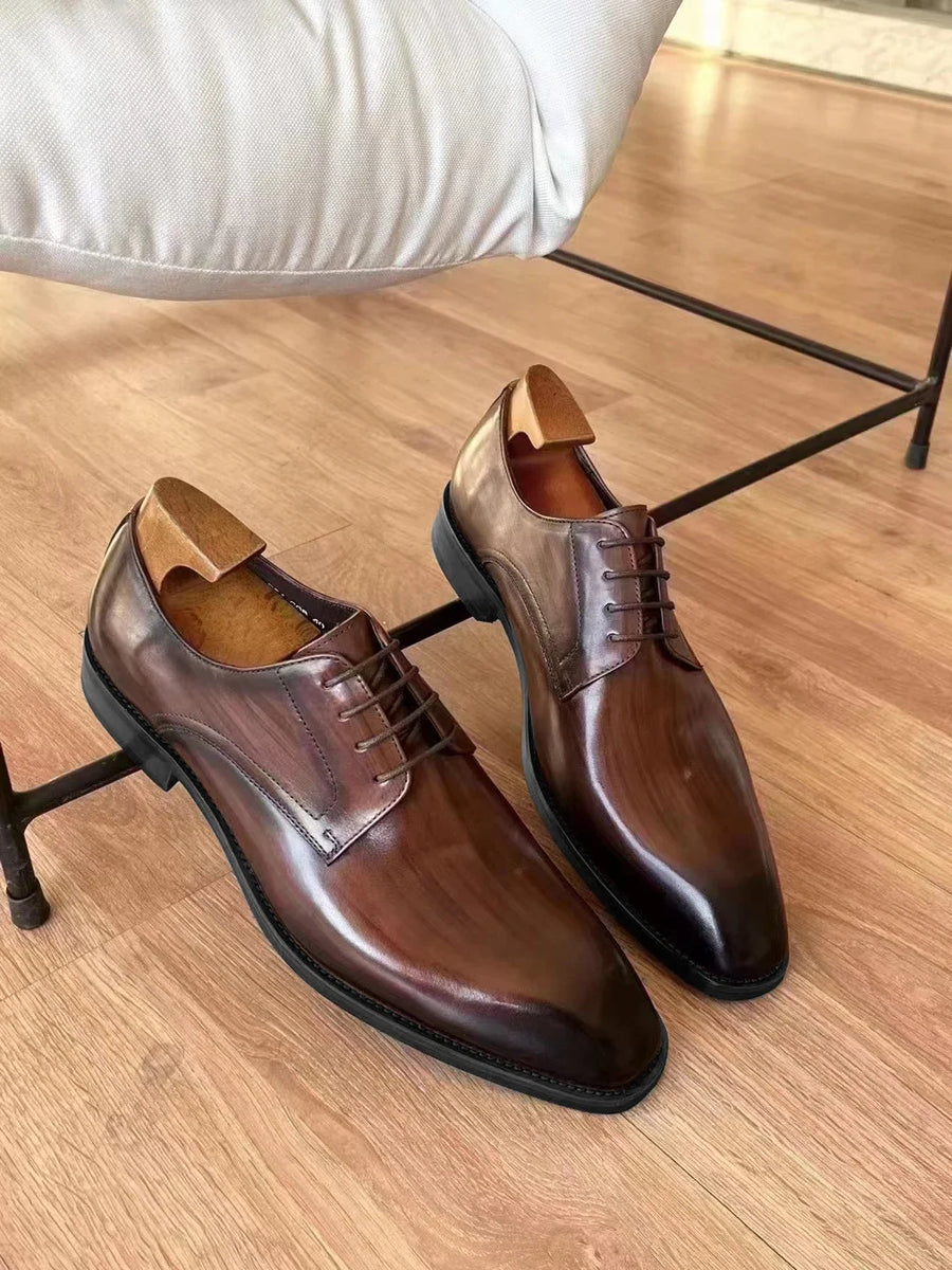 Italian Men's Dress Shoes - Luxury Genuine Leather Handmade Square Toe Lace Up Business & Evening Shoes