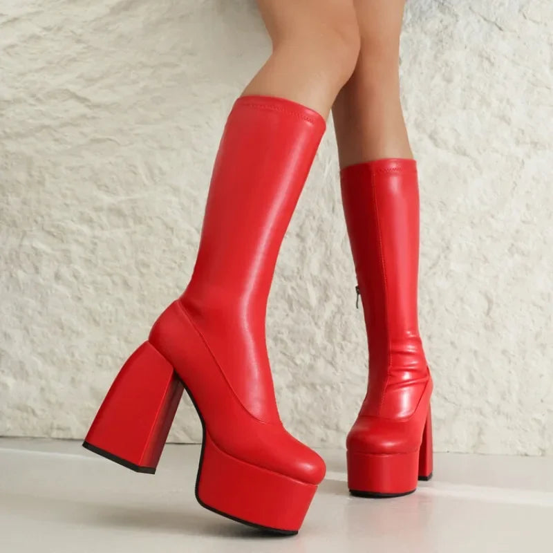 Bottes Femme Hautes à Plateforme – Talon Ultra Haut 13 cm, Bout Rond, Style Sexy Hiver | Cdwkckrcyy C-7-2