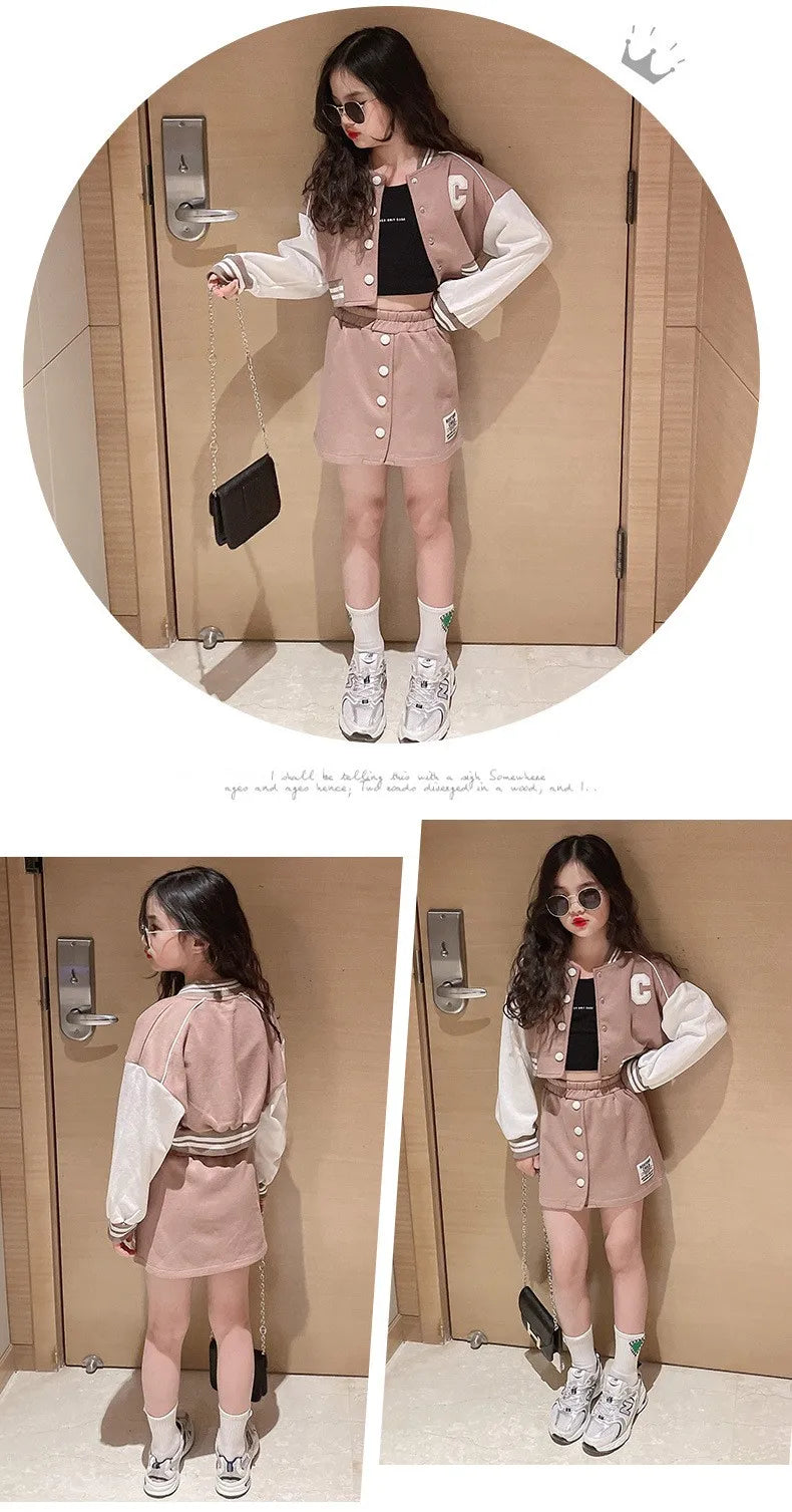 Girls' 2-Piece Set – Baseball Jacket + Slim Skirt | Printed Chic Sport Outfit – 3 to 14 Years