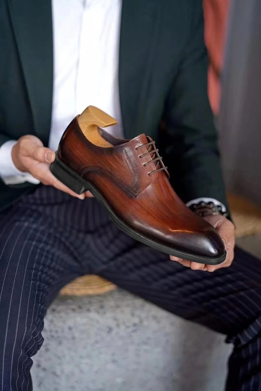 Italian Men's Dress Shoes - Luxury Genuine Leather Handmade Square Toe Lace Up Business & Evening Shoes
