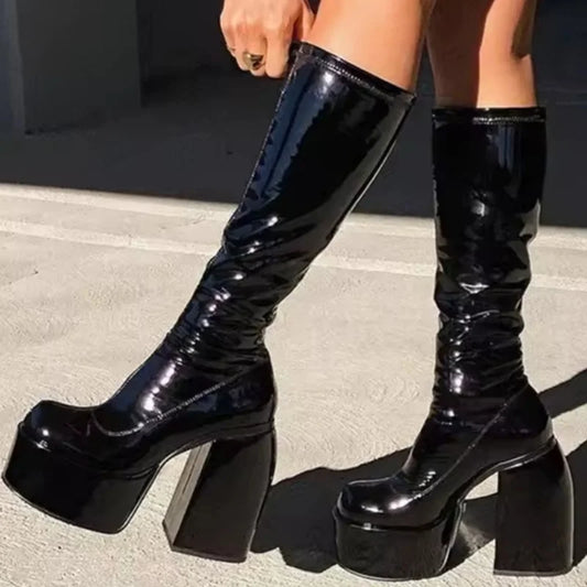 WAJAPAGG Allure 1082 – Bottes Genou Sexy à Talon Carré et Plateforme