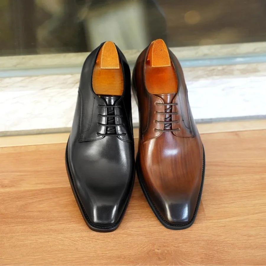 Italian Men's Dress Shoes - Luxury Genuine Leather Handmade Square Toe Lace Up Business & Evening Shoes