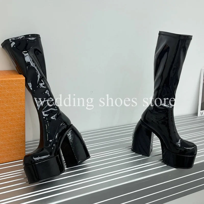Bottes Femme Plateforme Hautes 16 cm – Modèle Stretch Imperméable Sexy Catwalk | Bottes Genou PU Sheepskin