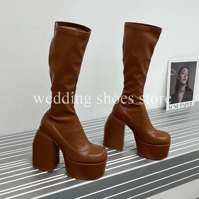 Bottes Femme Plateforme Hautes 16 cm – Modèle Stretch Imperméable Sexy Catwalk | Bottes Genou PU Sheepskin