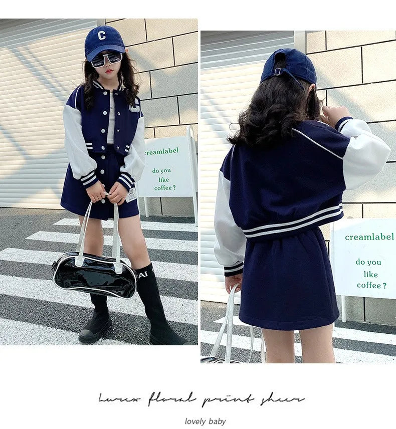 Girls' 2-Piece Set – Baseball Jacket + Slim Skirt | Printed Chic Sport Outfit – 3 to 14 Years