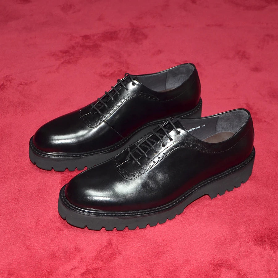 Men's Elegant Genuine Leather Oxford Shoes - Elevator Heel, Round Toe, Office & Casual Style