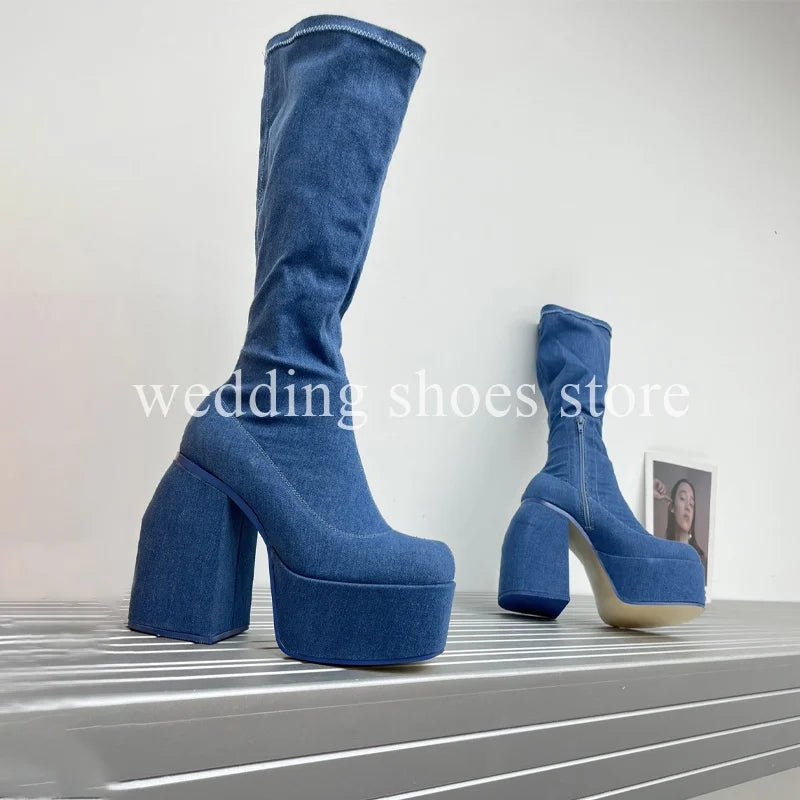 Bottes Femme Plateforme Hautes 16 cm – Modèle Stretch Imperméable Sexy Catwalk | Bottes Genou PU Sheepskin