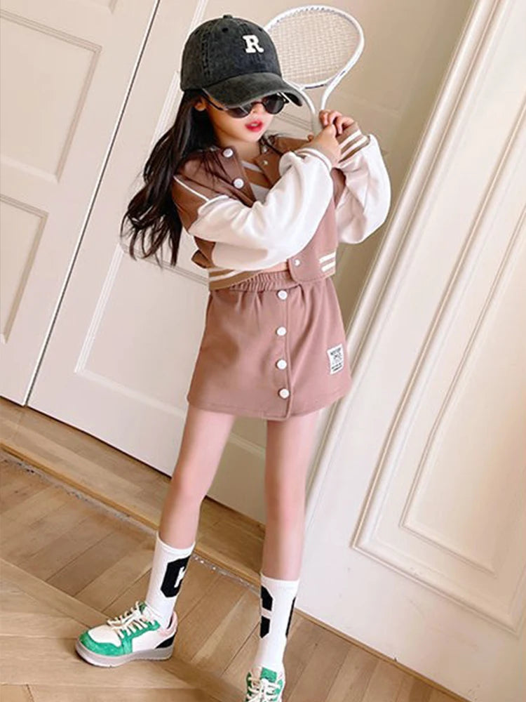 Girls' 2-Piece Set – Baseball Jacket + Slim Skirt | Printed Chic Sport Outfit – 3 to 14 Years