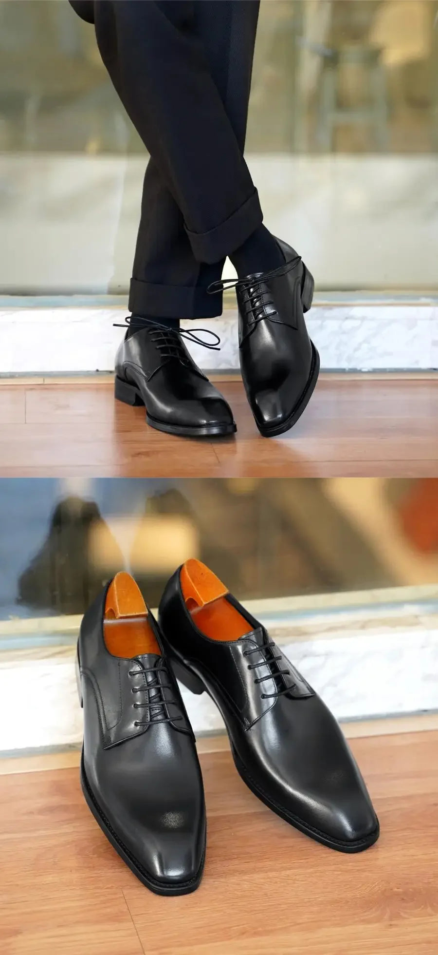 Italian Men's Dress Shoes - Luxury Genuine Leather Handmade Square Toe Lace Up Business & Evening Shoes