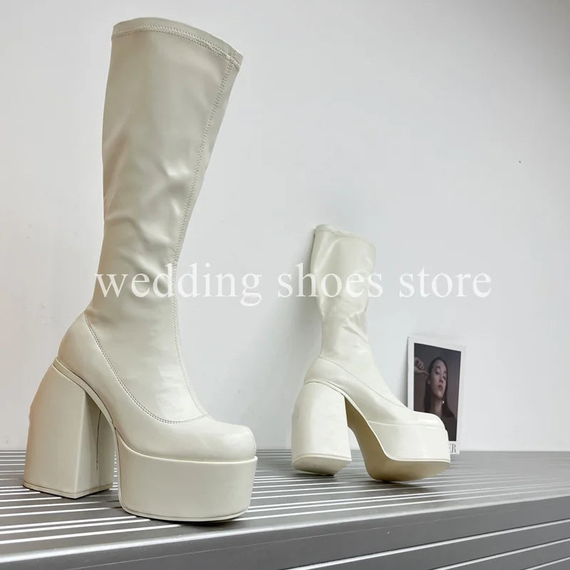 Bottes Femme Plateforme Hautes 16 cm – Modèle Stretch Imperméable Sexy Catwalk | Bottes Genou PU Sheepskin